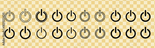 Collection of black power button icons in various styles on a checkered background for graphic design