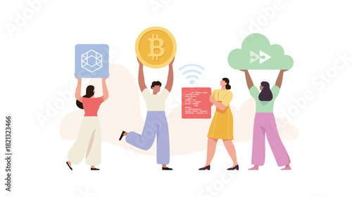 A diverse group of four stylized figures with one prominently holding a vibrant blue object presented in a clean modern graphic design style with bold colors and clear outlines