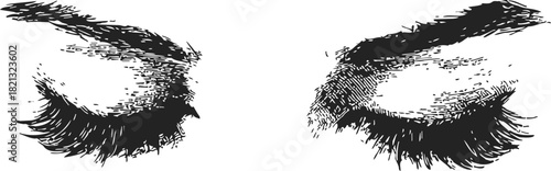 Closed eyes sketch hand drawn with bold lashes and textured eyebrows. Vector illustration