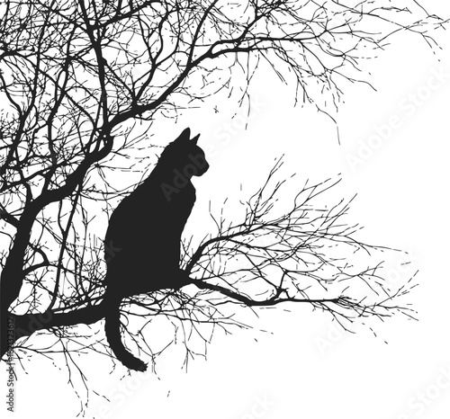 Cat silhouette sketch, hand drawn style, sitting on bare tree branch. Vector illustration