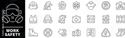 Work safety elements collection. Work safety vector icons in line style. Thin line icons related to safety work and workplace