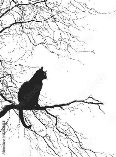 Black cat sketch sitting on tree branch with bare twigs. Vector illustration