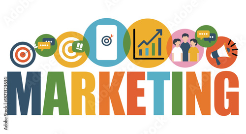 The word 'MARKETING' is displayed prominently with various business-related icons floating above it, signifying strategy and success.