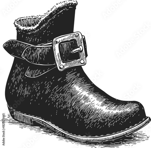 Vintage boot sketch, hand drawn style with large buckle and fur trim. Vector illustration