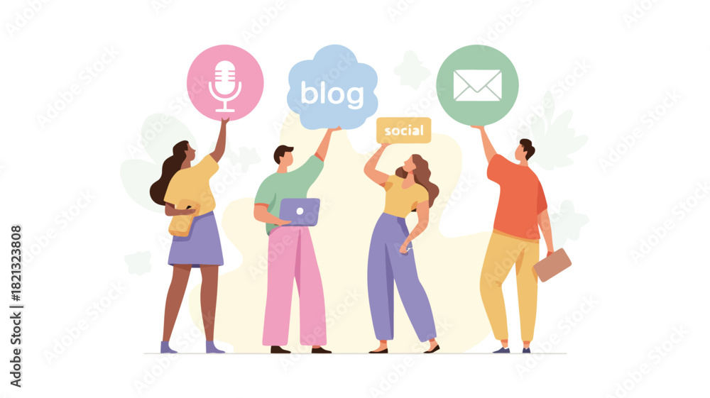 Fototapeta premium A vibrant vector illustration depicting a diverse group of four figures engaged in a shared activity with one individual holding a bright pink object suitable for various design projects