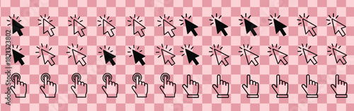 Variety of cursor and hand pointer icons on a pink checkered background for web design and user interface