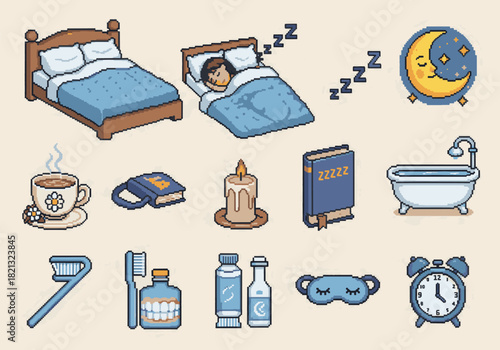 Relaxation and self-care routine icons for bedtime and morning rituals, including sleep, hygiene, and cozy comforts