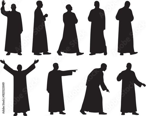 Silhouette figures of a person in a robe in various poses