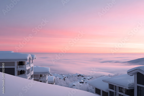 luxury ski resort, sunrise above luxury ski village roofs, gentle pastel snow shades, high-end travel vibe