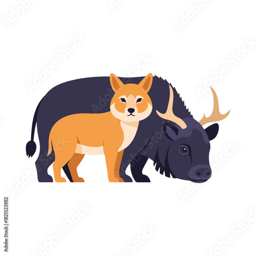 Illustration of a shiba inu dog standing in front of a dark blue gaur
