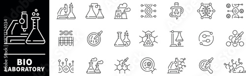 Bio laboratory vector icons collection. Thin line icons related to biotechnology and laboratory. Bio laboratory vector icons in line style