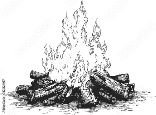 Campfire sketch hand drawn with burning logs and flames in rustic outdoor style. Vector illustration