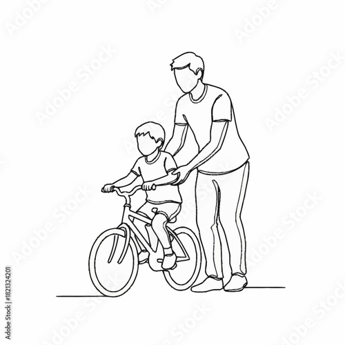 A father patiently teaches his young son how to ride a bicycle in a simple line drawing.