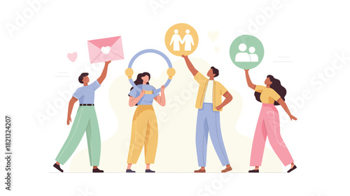 A vibrant vector illustration depicting a diverse group of four stylized figures with one figure prominently holding a bright pink object set against a clean background with a variety of color options