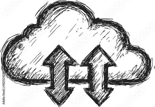 Cloud computing sketch, hand drawn style with up and down arrows. Vector illustration