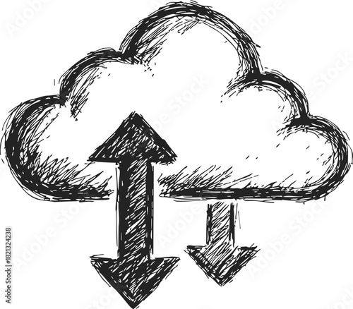 Cloud computing sketch, hand drawn arrows showing upload and download. Vector illustration