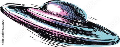 UFO sketch hand drawn flying saucer with dynamic lines and colorful highlights. Vector illustration