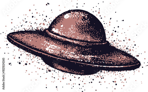 UFO flying saucer sketch, hand drawn style with ink splatter effect. Vector illustration