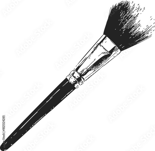 Makeup brush sketch, hand drawn style with detailed bristles and handle. Vector illustration