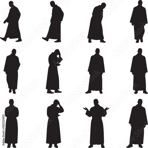 Monk silhouettes in various contemplative and walking poses on white background
