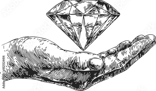 Hand holding diamond sketch, hand drawn style, detailed gemstone above open palm. Vector illustration