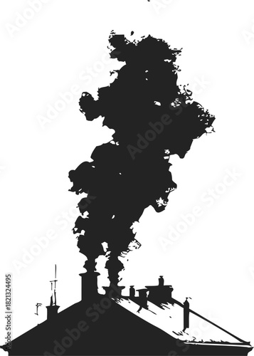 Chimney smoke silhouette, hand drawn sketch style rooftop with billowing smoke. Vector illustration