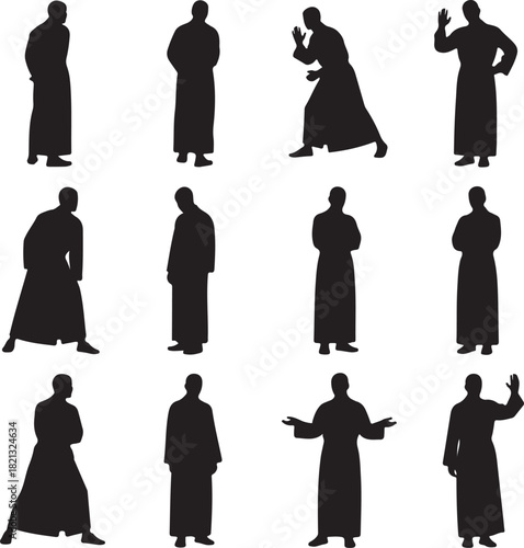 Silhouette figures in flowing robes displaying various poses and gestures on white background