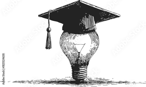 Light bulb wearing graduation cap, sketch hand drawn, symbolizing knowledge and education. Vector illustration