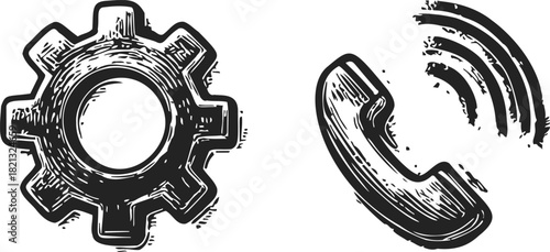 Gear and phone icons sketch hand drawn style technical support concept. Vector illustration