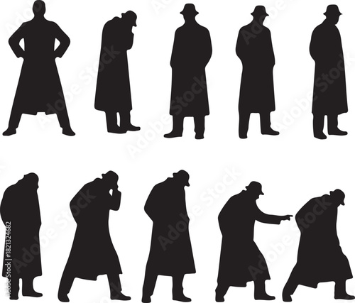 Silhouettes of men in trench coats and hats in various poses on white background
