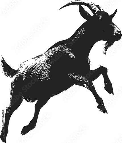 Goat sketch hand drawn silhouette leaping with detailed fur texture. Vector illustration