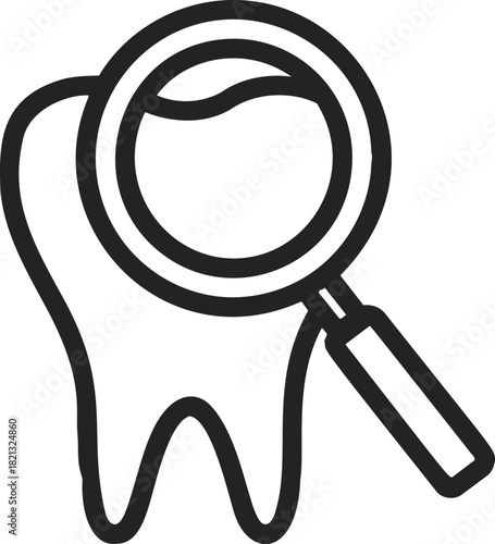 Tooth with magnifying glass sketch, hand drawn dental examination symbol. Vector illustration