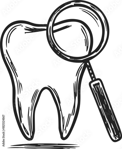 Tooth sketch with magnifying glass, hand drawn dental examination concept. Vector illustration