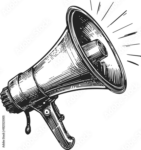 Megaphone sketch hand drawn vintage style with sound lines. Vector illustration