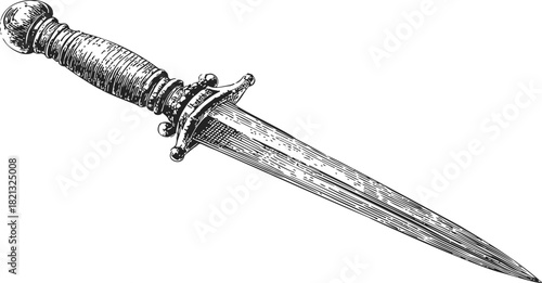 Dagger sketch, hand drawn vintage ornate blade with detailed hilt. Vector illustration