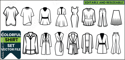 Elegant Women's Clothing and Outerwear Line Art Set .