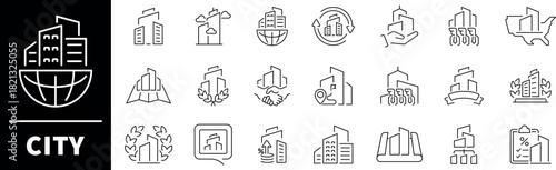 City vector icons collection. Thin line icons related to city and infrastructure. City vector icons in line style