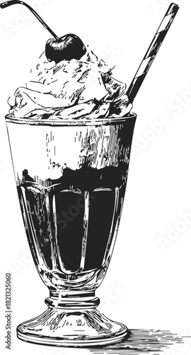 Milkshake sketch hand drawn with whipped cream cherry and straw in tall glass. Vector illustration