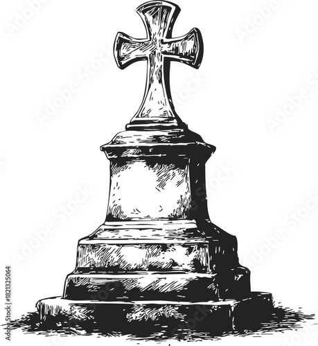 Cross monument sketch, hand drawn stone memorial with ornate base. Vector illustration