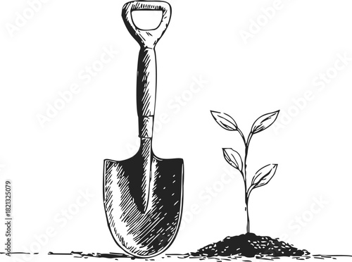 Shovel sketch hand drawn with young plant and soil, gardening concept. Vector illustration