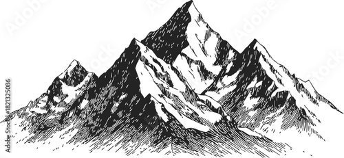 Mountain range sketch, hand drawn vector with rugged snowy peaks and detailed shading. Vector illustration