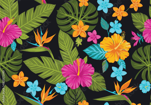 Vibrant tropical seamless pattern with exotic hibiscus and bird of paradise flowers. Vector illustration of jungle foliage and floral elements on a dark background for summer design