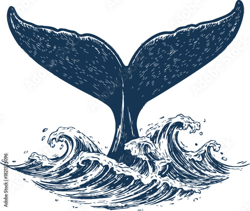 Whale tail sketch, hand drawn style with ocean waves and splashing water. Vector illustration