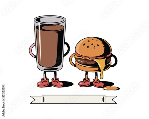 Fun cartoon hamburger and chocolate drink characters enjoying a tasty meal together illustration