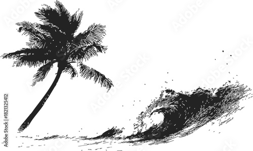 Palm tree sketch with ocean wave, hand drawn tropical beach scene. Vector illustration