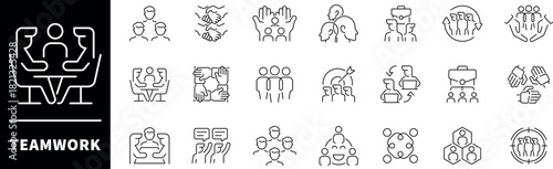 Teamwork vector icons collection. Thin line icons related to teamwork and partnership. Teamwork vector icons in line style