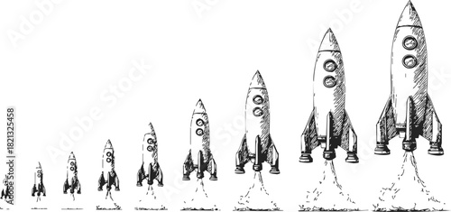 Rocket ships sketch hand drawn in ascending growth stages with smoke trails. Vector illustration
