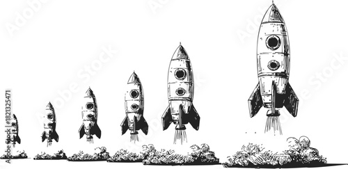 Rocket launch sequence sketch, hand drawn style, showing stages of liftoff. Vector illustration
