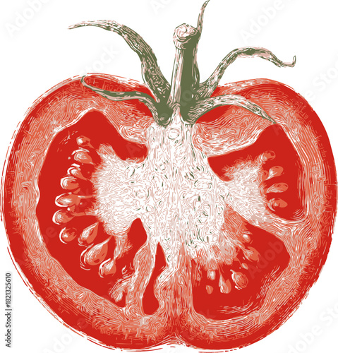 Tomato cross section sketch, hand drawn botanical style showing seeds and internal structure. Vector illustration