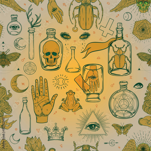 Mystic seamless pattern inspired by medieval manuscripts, featuring esoteric, magical, and occult symbols. Retro hand-drawn vector texture perfect for wallpapers, textiles, and wrapping designs.